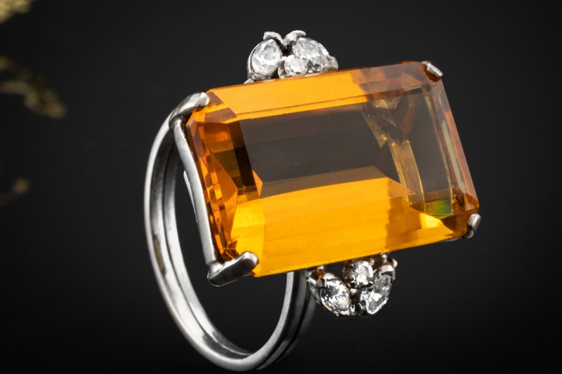 Ring im Art Déco Stil mit Citrin und Diamanten 750er Weißgold Handarbeit 