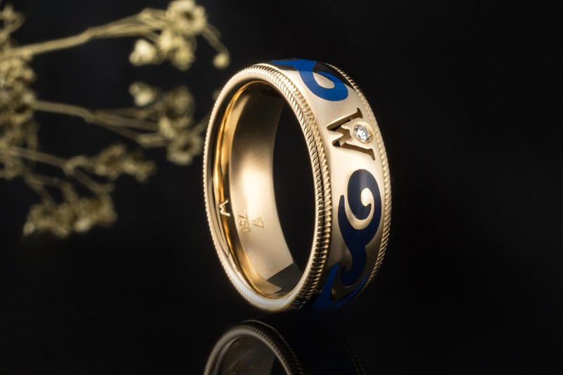 Wellendorff Vintage Ring mit blauer Emaille und Diamant in Gelbgold 750 