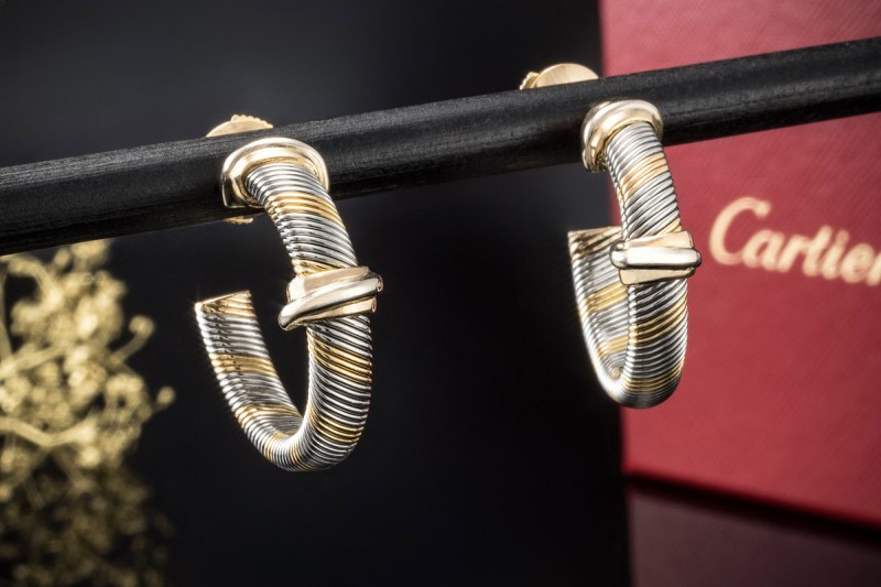 Cartier Aurore Ohrringe Creolen Vintage Ohrstecker Stahl 750er Gelbgold 