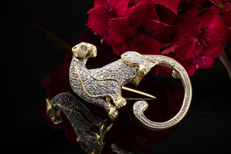 Panther Leopard Brosche Nadel mit 0,50 Ct. Brillanten in 750er Gelbgold 