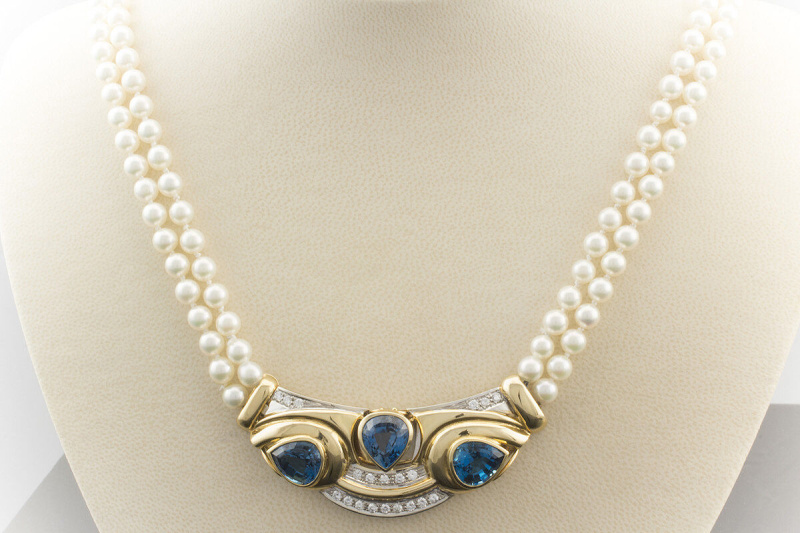 Hans Dieter Krieger Perlen Collier mit mit Topas & Brillanten 750er Gelbgold 