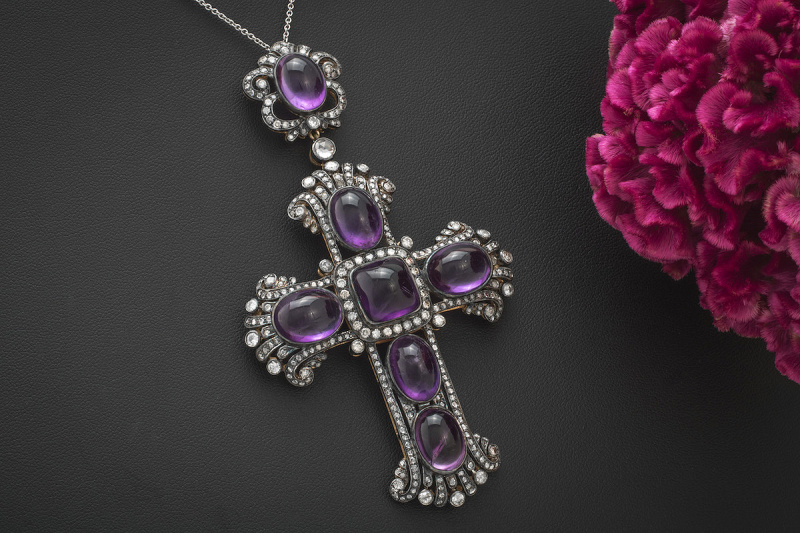 Amethyst Kreuz 3,90 Carat Diamanten Anhänger Collier Nadel Gold Silber 