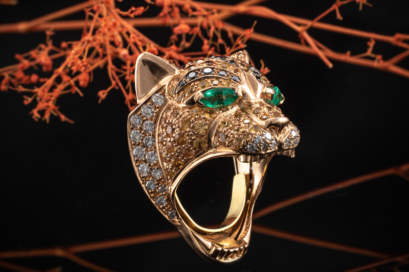 Tiger Panther Design Ring Citrin Brillanten schwarz weiß Smaragd Rotgold 