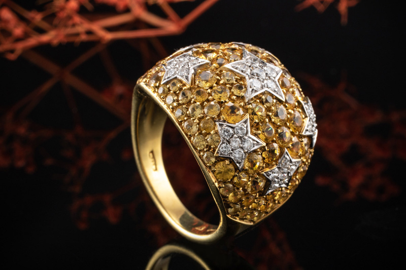 Ring mit Citrin Sternenhimmel u Diamant Sternen in 750er Gelbgold Arbeit 