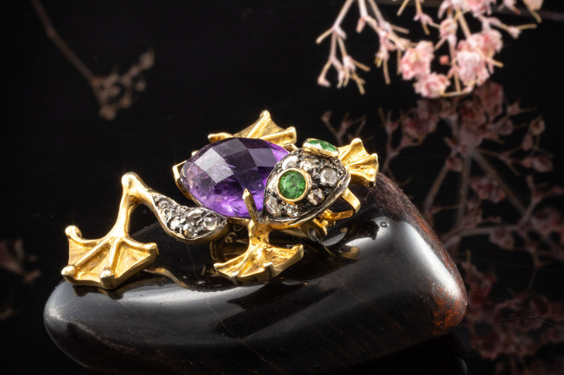 Frosch Brosche Nadel Anhänger Amethyst Diamanten Tsavorit in Gold Silber 