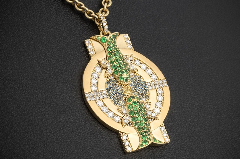 Jazychic Fische Sternzeichen Anhänger Tsavorit Aquamarin Diamanten Gold 