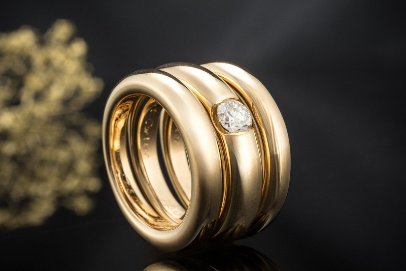 Cartier Ellipse 3 Ringe Solitär Diamant Bandring gestapelt Gelbgold 750 