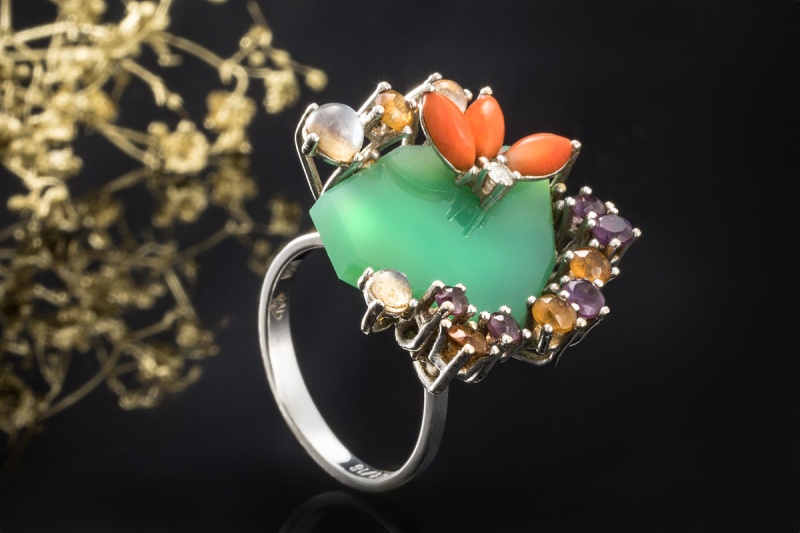 Chrysopras Ring Diamant Koralle Amethyst Citrin Mondstein 750er Weißgold 