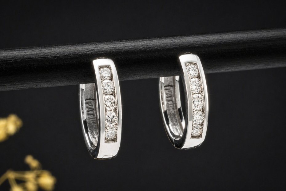 Klassische Creolen Ohrringe Ohrstecker mit Diamanten in 750er Weißgold 