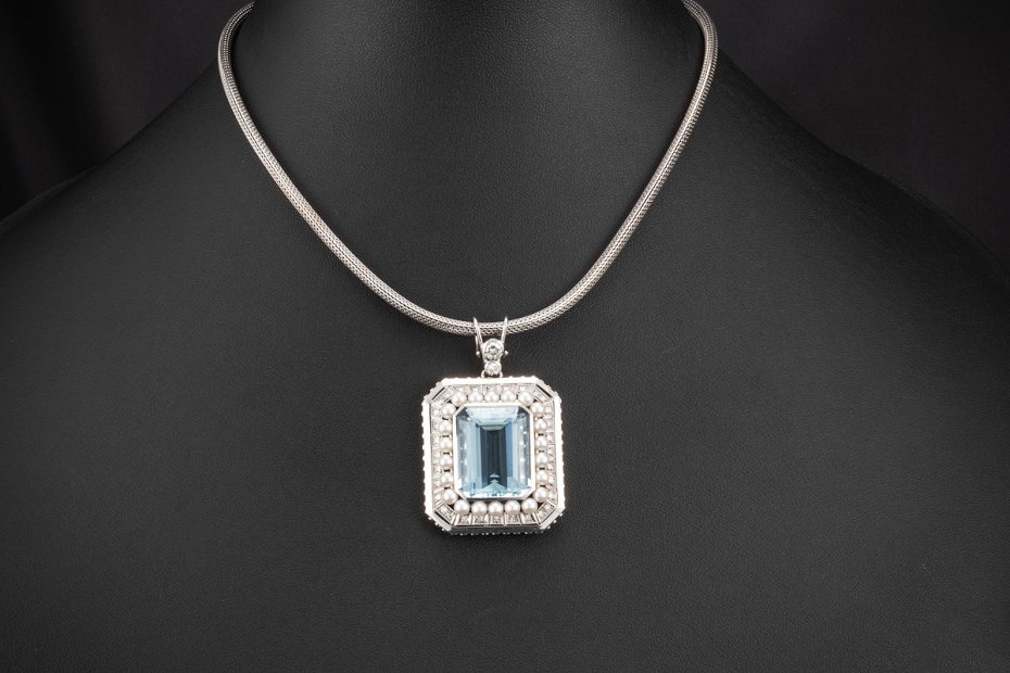 Aquamarin Collier Diamanten Akoya Perlen Kette mit Anhänger Weißgold 585 