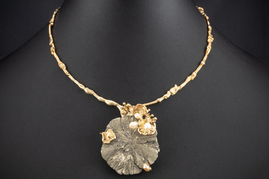 Ehinger Schwarz Collier Kette Brosche Pyrit Sonne und Perlen 585er Gold 