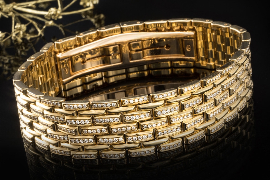 Massives Armband Breites Gliederarmband mit Diamanten in 750er Gelbgold 