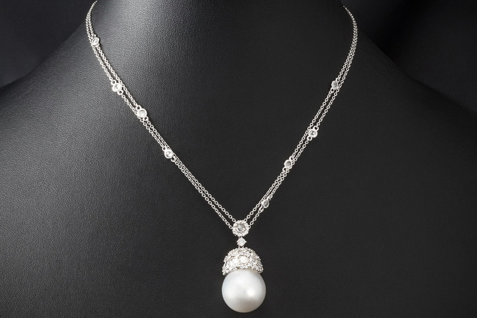 Collier Kette mit Anhänger Südsee Perle und Diamant Rosen 750er Weißgold 