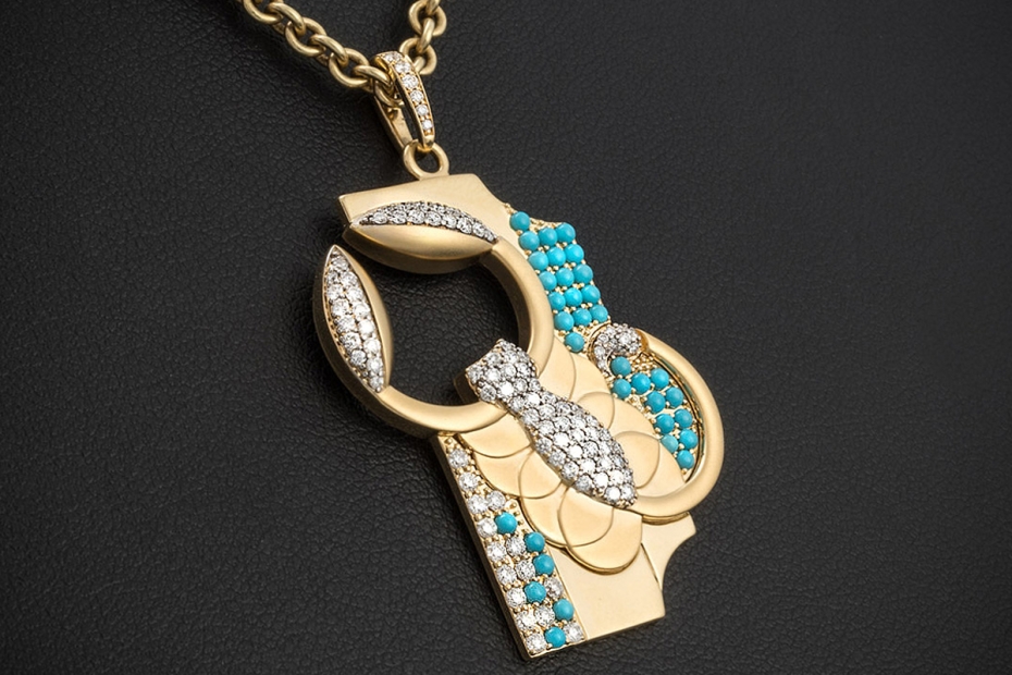 Jazychic Skorpion Sternzeichen Anhänger Türkis und Diamanten in Gelbgold 