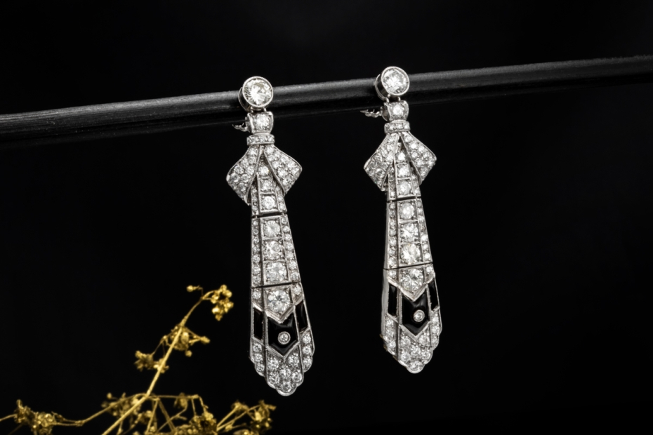 Vintage Art déco Ohrringe Ohrhänger mit Diamanten und Onyx Platin 950 