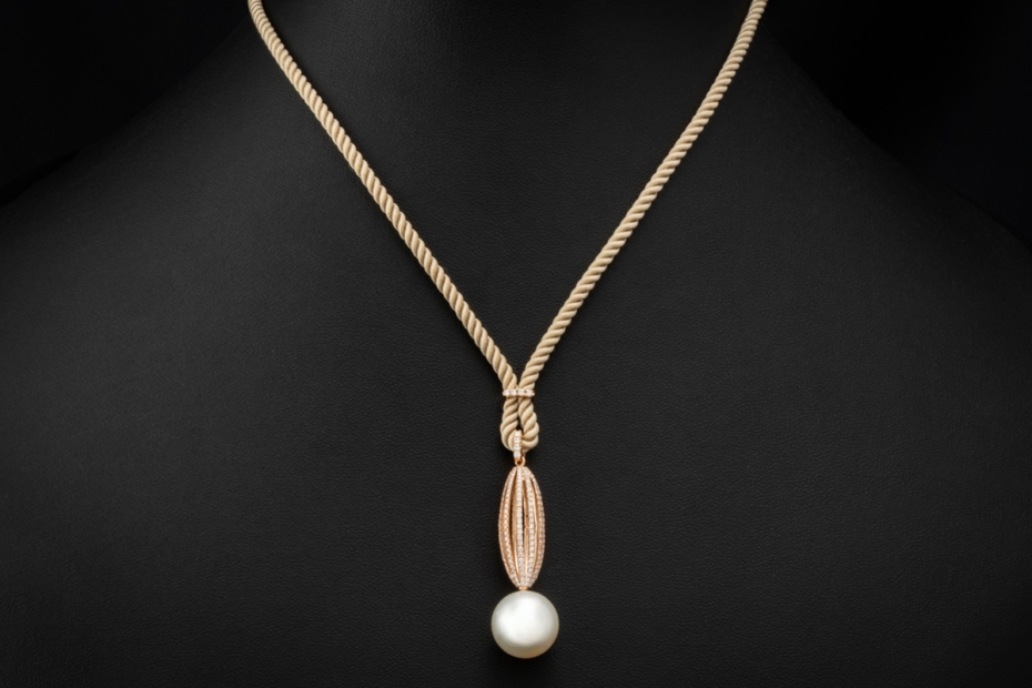 Südsee Perlen Collier mit Diamanten an Kordel in 750er Roségold Weißgold 