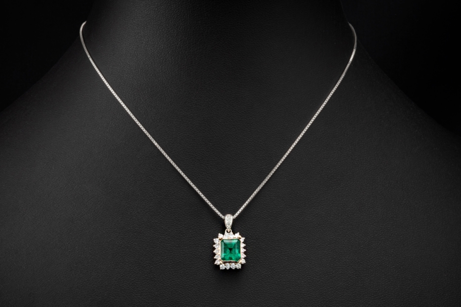 Antikes Collier Kette Anhänger mit Smaragd und Diamanten in Weißgold 750 