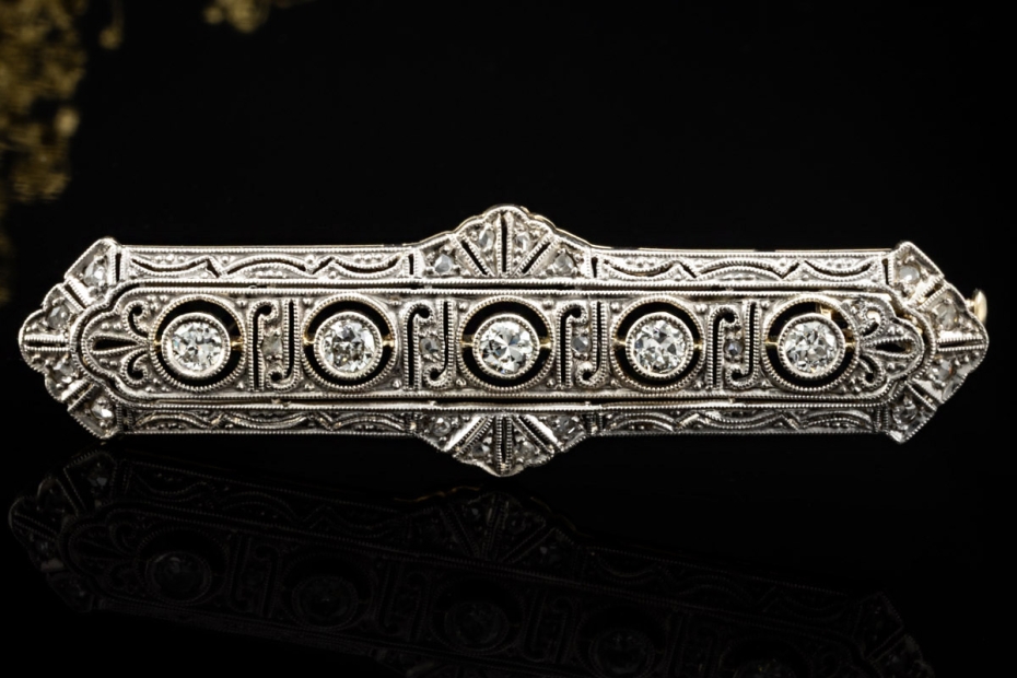 Lange Art Déco Brosche Nadel Diamanten Goldschmiedearbeit Weißgold Gold 