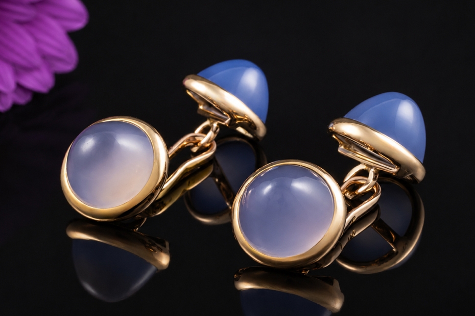 Blaue Manschettenknöpfe mit Chalzedon Cabochons Gelbgold 585 Handarbeit 
