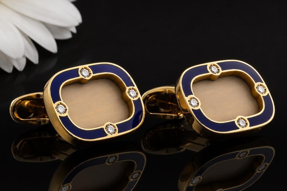 Luxus Manschettenknöpfe Blaue Emaille Diamanten Gelbgold 750 Handarbeit 