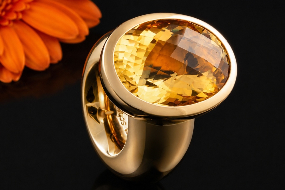 Schubart Citrin Ring Großer Cocktailring Massive Roségold 750 Handarbeit 