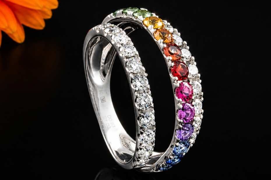 Regenbogen Ring Offenes Design Bunte Saphire und Diamanten Weißgold 750 