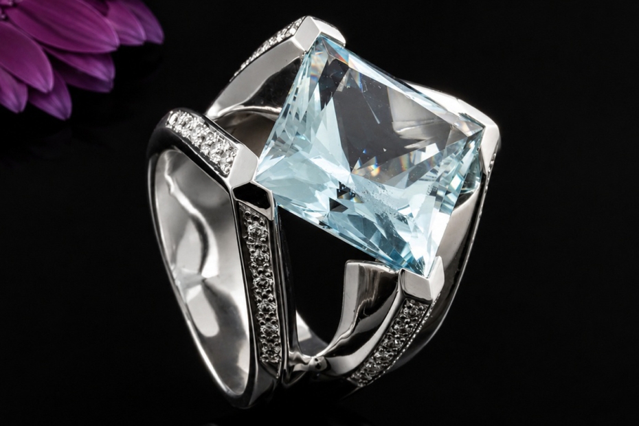 Großer Ring mit Princess Aquamarin und Diamanten in Weißgold Handarbeit 