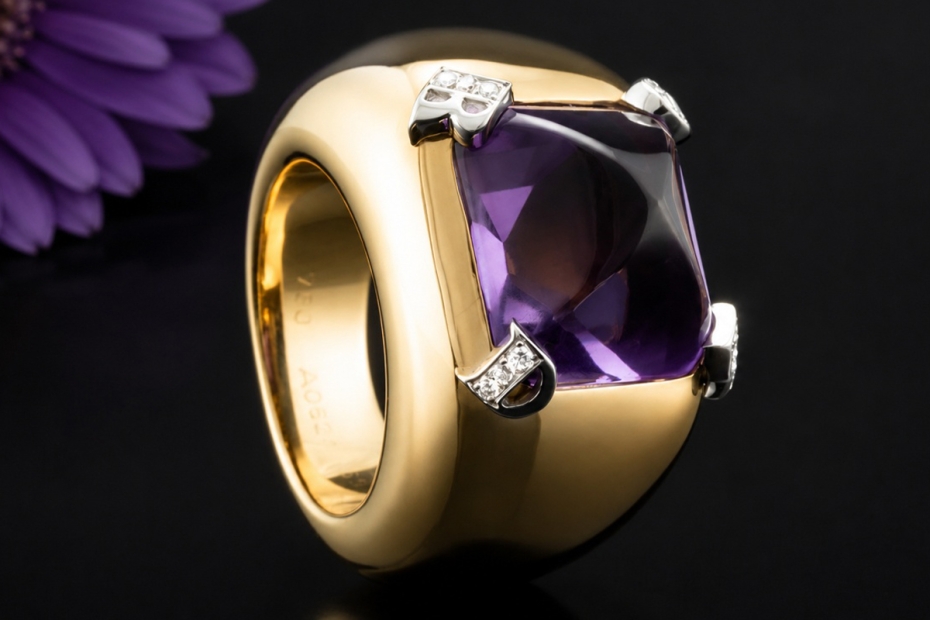 Dior Cocktailring mit Amethyst und Diamanten Massiv in 750er Gelbgold 