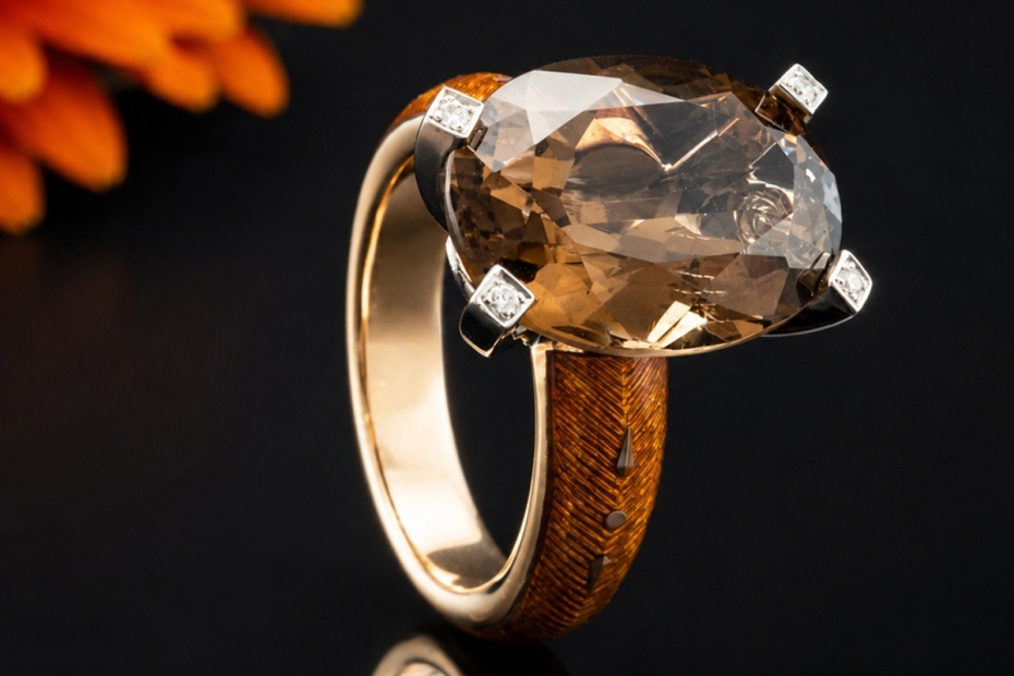 Victor Mayer Ring Cocktailring Rauchquarz und Diamanten in Gelbgold 750 