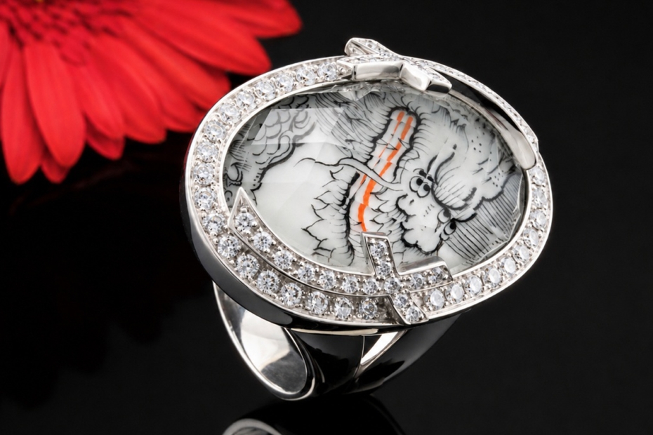 Meissen Ring Mystery Ming Drache Bemaltes Porzellan Weißgold Handarbeit 