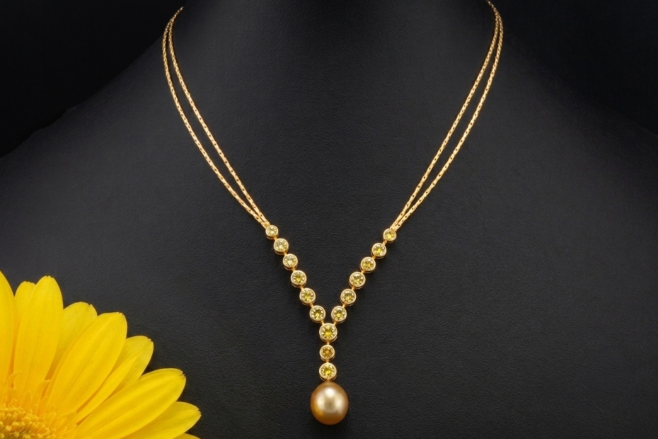 Y-Collier Goldene Südsee Perle und Diamanten Handarbeit in Gelbgold 750 