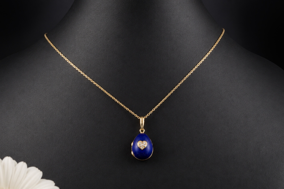 Fabergé Anhänger Gold Ei-Medaillon Herz Versteck Diamanten Emaille Blau 