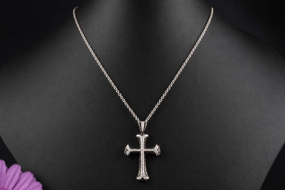 Juwelier Leicht Kreuz Anhänger Diamanten schwarze Saphire 750er Weißgold 