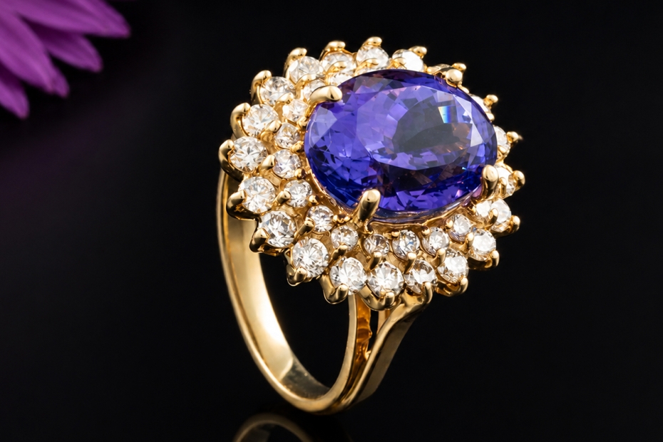 Entouragering Amethyst Cocktailring mit Diamanten in Gelbgold Handarbeit 