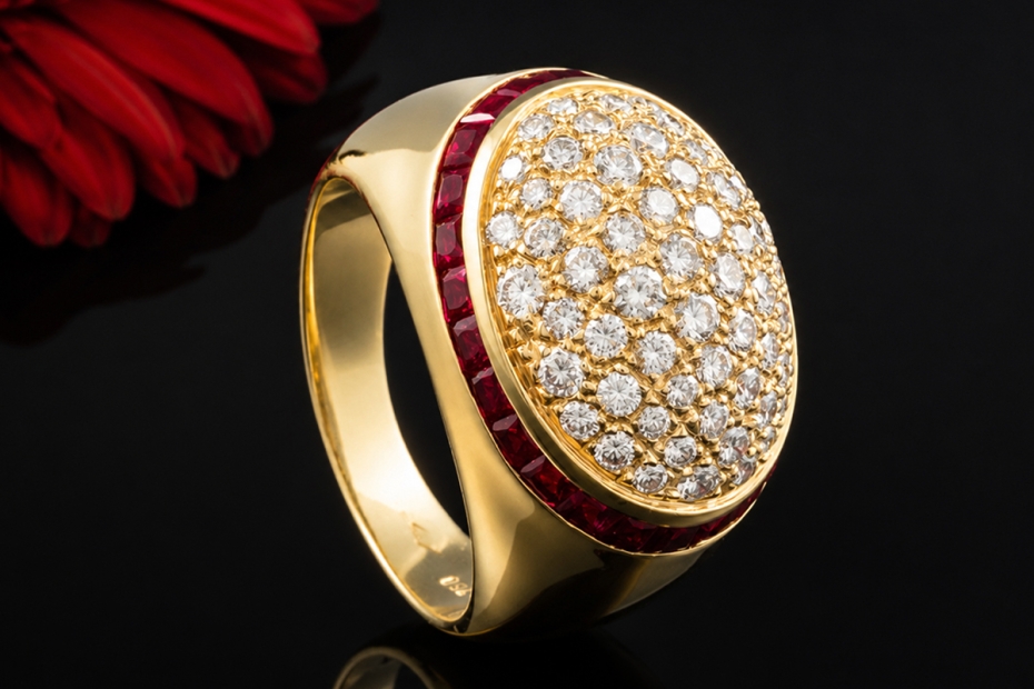 Ovaler Pavé Diamant Ring mit Rubinbesatz Gelbgold 750 Goldschmiedearbeit 