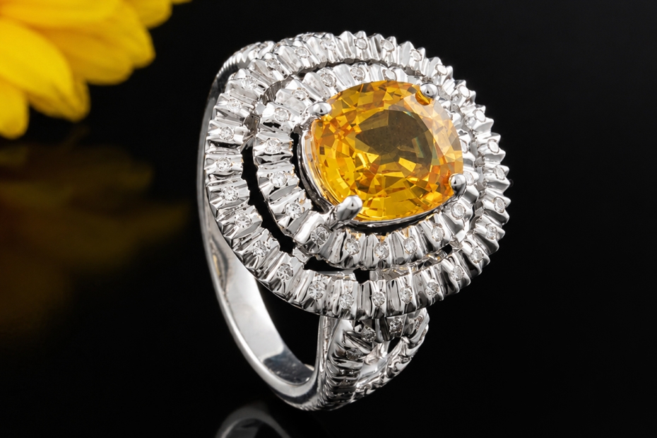 Cocktailring Gelber Saphir mit Diamanten Ring in Weißgold 750 Handarbeit 