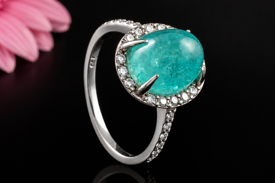 Ring mit Paraiba Turmalin Cabochon 5 Ct. und Diamanten in 750er Weißgold 