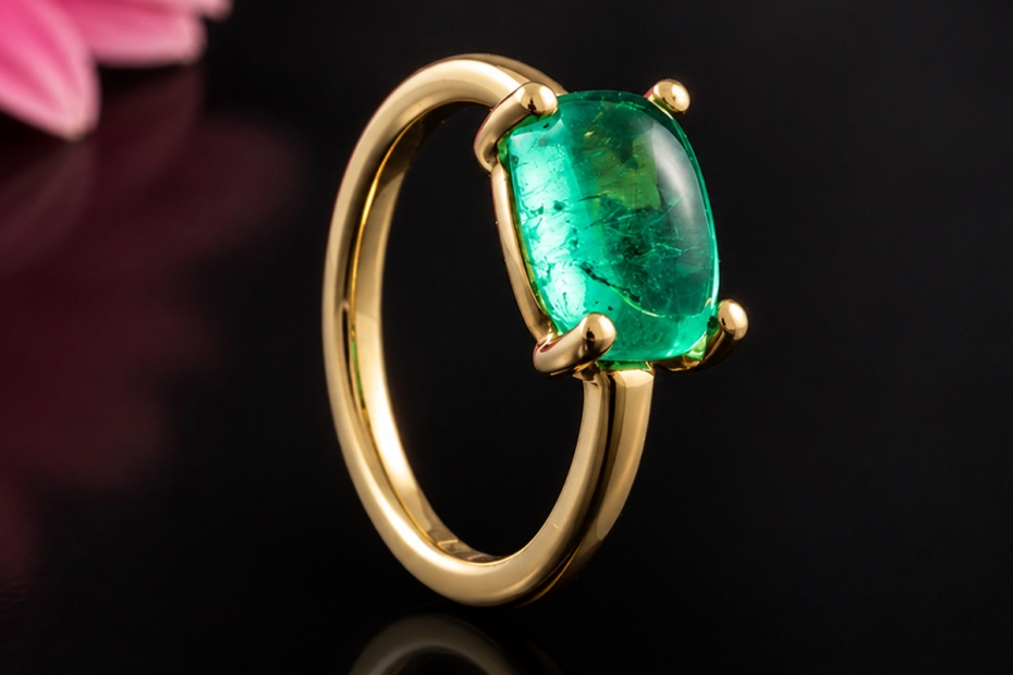 Smaragd Cabochon Ring Klassische Handarbeit modern in 750er Gelbgold 