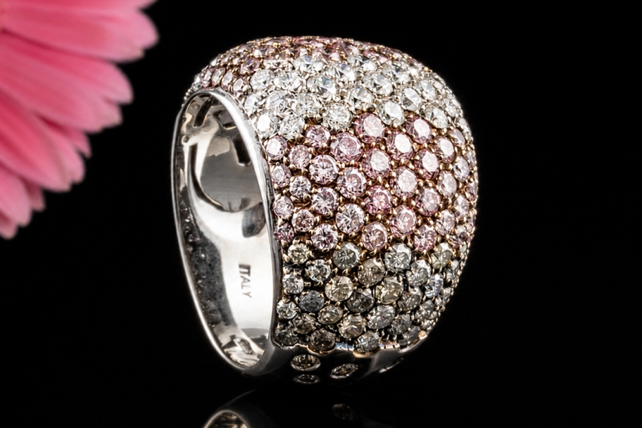 Massiver Designer Ring mit farbigem Diamant-Pavé in Weißgold 750 Arbeit 