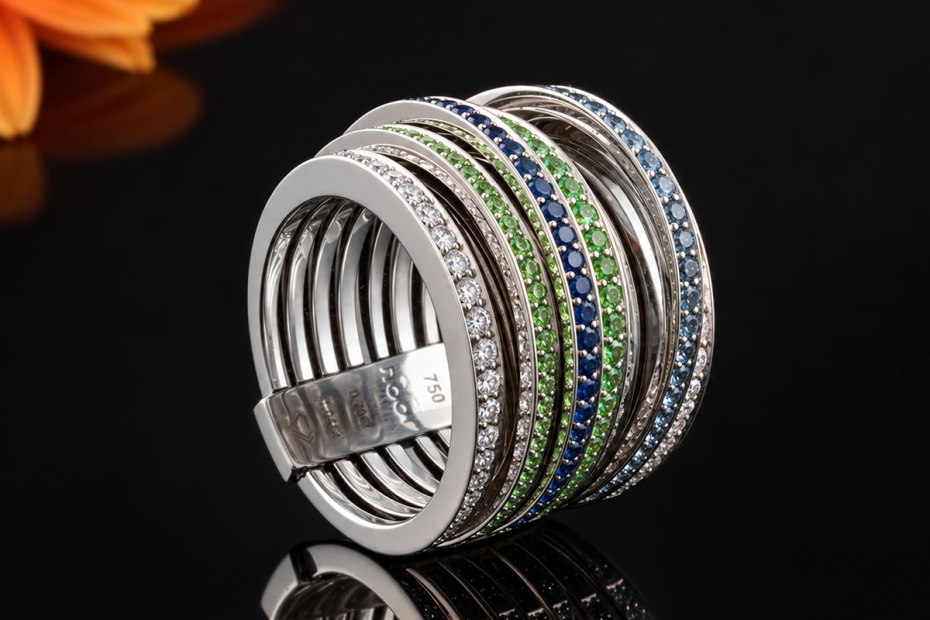 noor beweglicher Stapelring Diamanten Saphire Tsavorite in 750 Weißgold 
