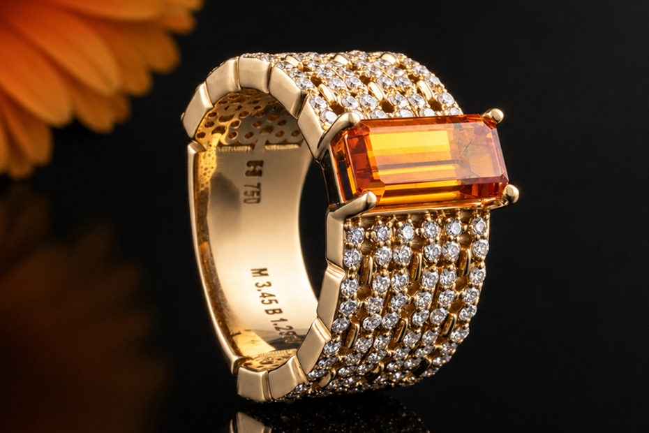 Hollfelder Creations Ring Mandarin Granat und Diamanten in Gelbgold 750 