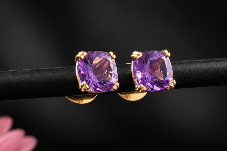 Ohrstecker Amethyst im Kissenschliff Violett gearbeitet in Roségold 750 