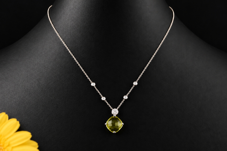 Gress-Rinck Collier Lemon-Citrin und Diamanten 750er Weißgold Handarbeit 