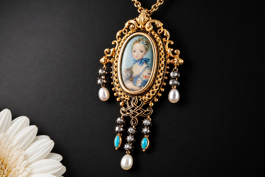 Antiker Anhänger Miniatur Portrait Mädchen mit Katze 19. Jh. in Gelbgold 