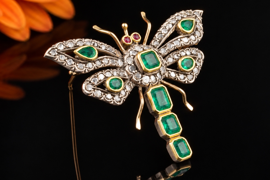 Antike Brosche Libelle Gold Smaragde Rubine Altschliff Diamanten um 1900 