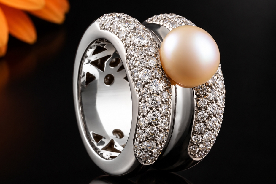 Exklusiver Weißgold Cocktailring Champagnerfarbene Perle und Diamanten 