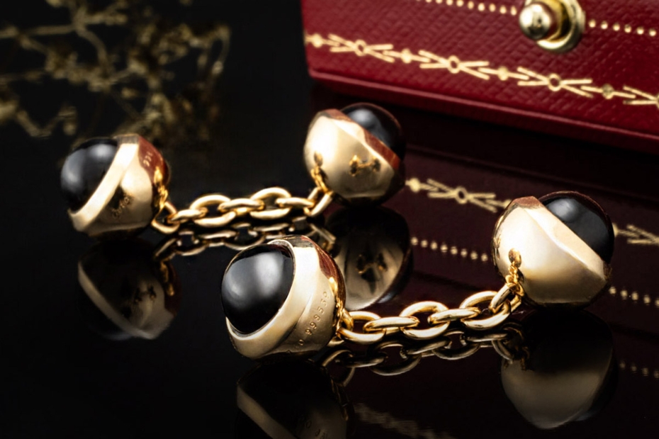Cartier Manschettenknöpfe mit Onyx Kugeln Schwarz Gelbgold 750 Full Set 