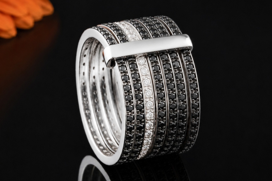 Hollfelder Weißgold Ring stapelbar Memoire Stil Diamanten Schwarz Weiß 
