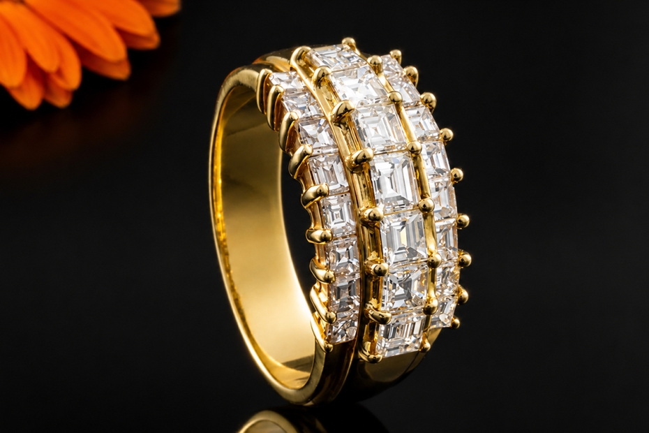 Ring mit Eckige Diamanten Carréschliff 2,80 Ct 750er Gelbgold Handarbeit 