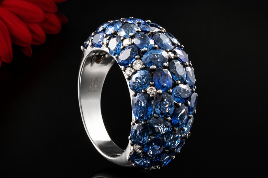 Cocktailring Bandring mit Saphir Mosaik und Diamanten in 750er Weißgold 